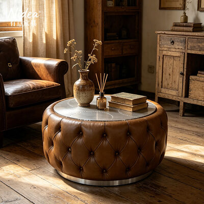 Industrial Aviator Aluminum Coffee Table Round Button-Tufted Leather Center Table Riveted Metal Top Luxury Living Room Furniture